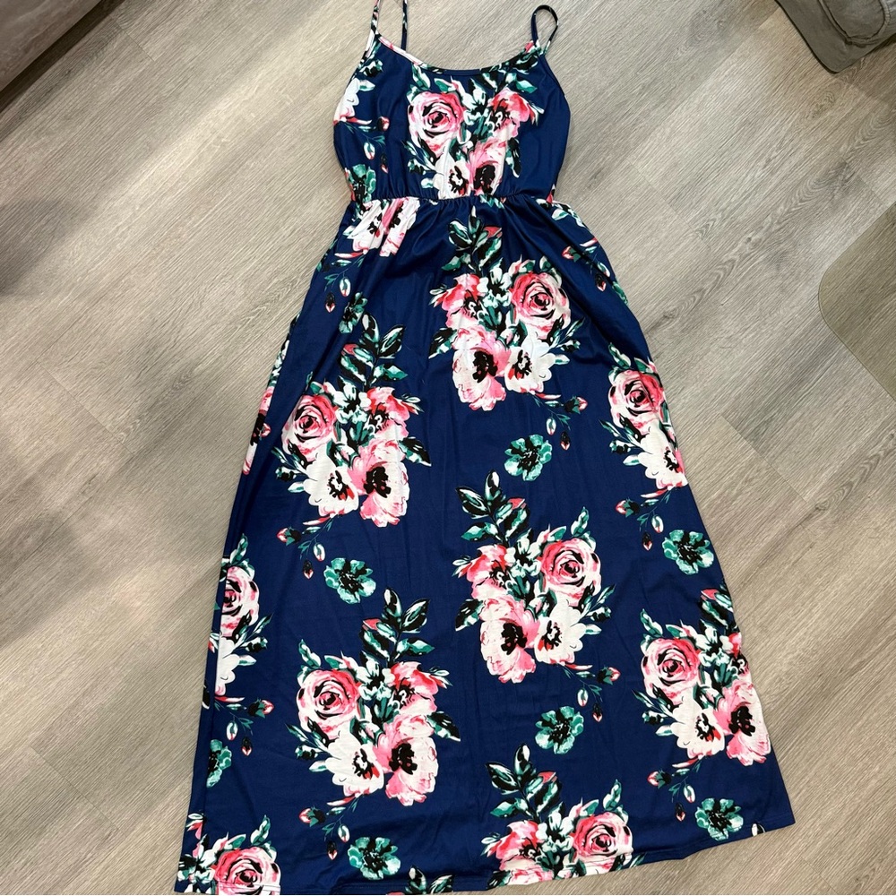 Floral Maxi Dress with Pink and Green Accents